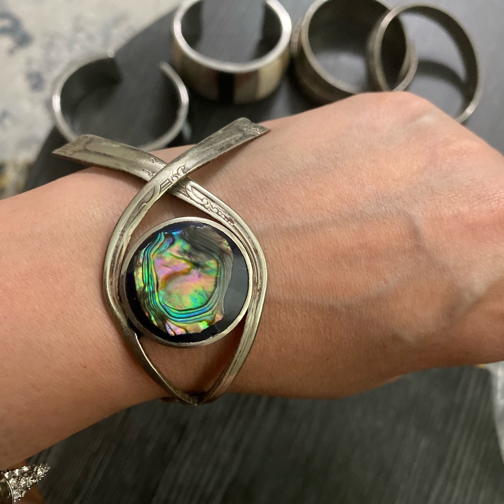 Silver  tone Cuff Bracelet with Iridescent Abalone Accent
